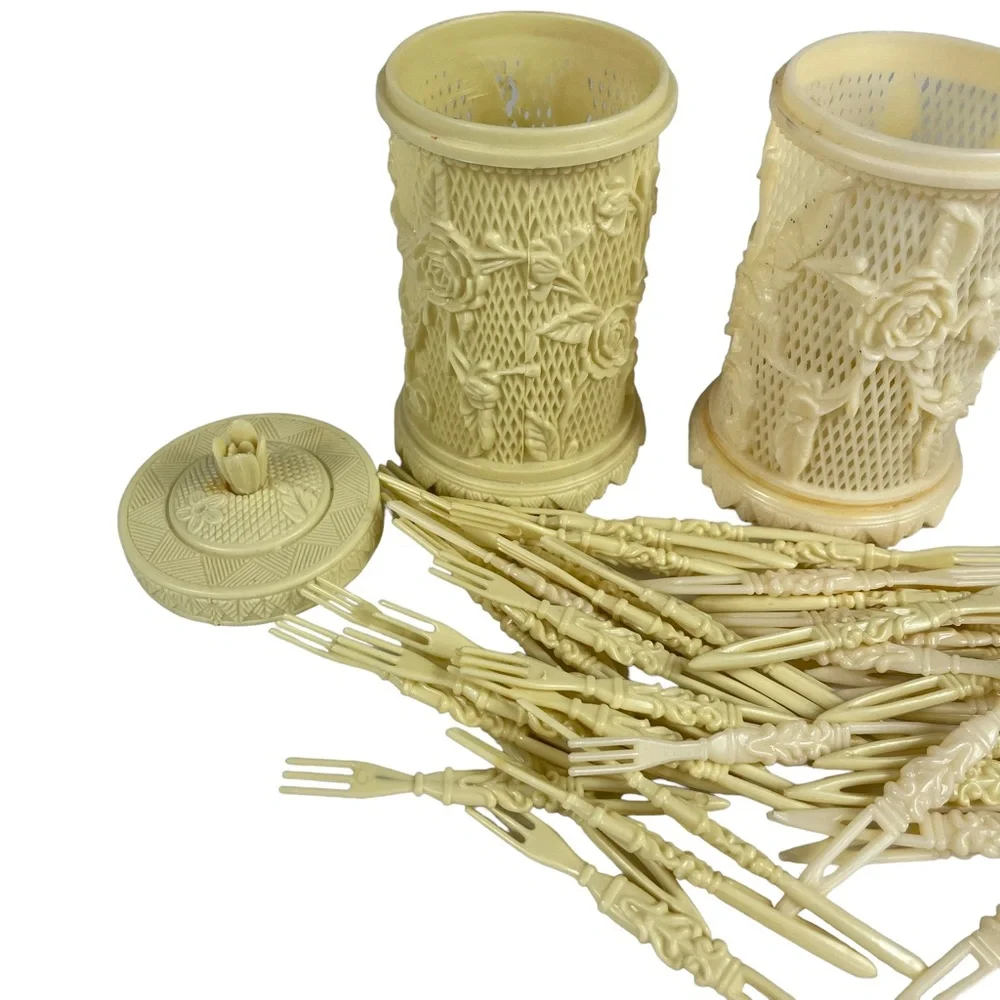 Vintage Vegan Ivory Ornate Hors D'oeuvres 3-Prong Picks Floral Holders Serves 48